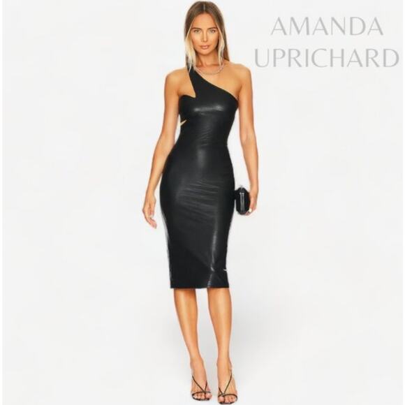 New Amanda Uprichard McKay Black Leather Cutout One Shoulder Midi Dress Size S